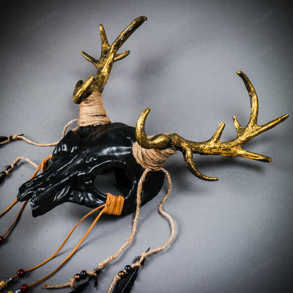 Antelope Devil Gold Deer Horn Skull Ghost Masquerade Mask - Black - Picture 4 of 8